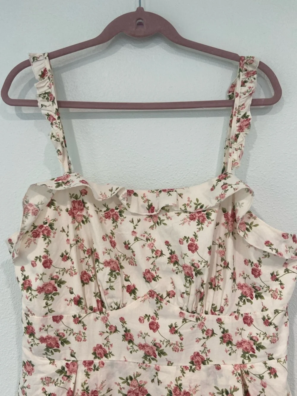 Belle Poque Floral Ruffle Sundress - Cream with Pink Roses. XL